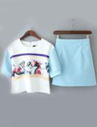 Romwe White Floral Crop Top With Blue Skirt