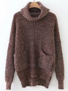 Romwe Coffee Turtleneck High Low Sweater With Pocket
