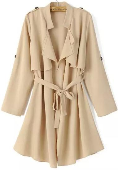 Romwe Khaki Long Sleeve Epaulet Tie-waist Trench Coat