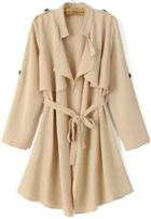 Romwe Khaki Long Sleeve Epaulet Tie-waist Trench Coat