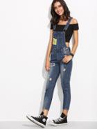 Romwe Blue Straps Ripped Letters Print Denim Overall Jeans