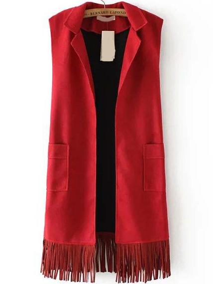 Romwe Lapel Pockets Tassel Suede Burgundy Vest