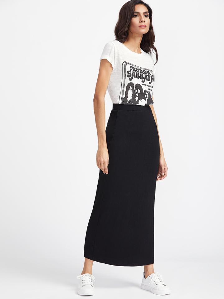 Romwe Elastic Waist Longline Jersey Skirt