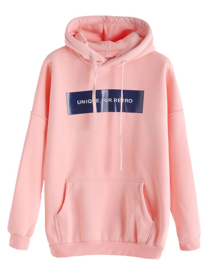 Romwe Pink Letter Print Drop Shoulder Pocket Hooded Sweatshirt