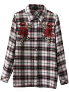 Romwe Plaid Floral Embroidery Button Blouse