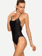 Romwe Scalloped Trim Backless One-piece Swimwear - Black