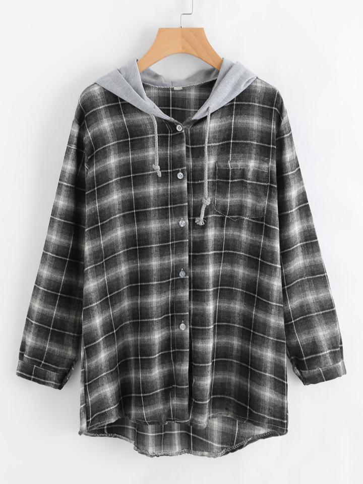 Romwe Dip Hem Checked Hooded Shirt
