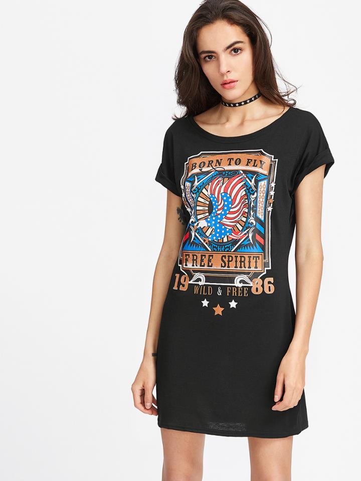 Romwe Black Graphic Print T-shirt Dress
