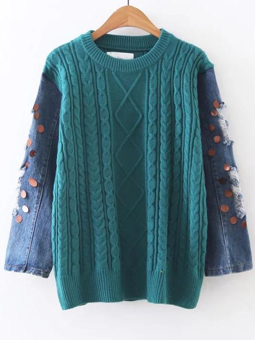 Romwe Blue Cable Knit Sequin Ripped Denim Sleeve Sweater