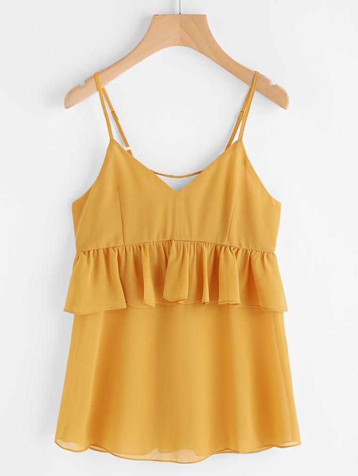 Romwe Flounce Layered Lace Up Back Chiffon Cami Top