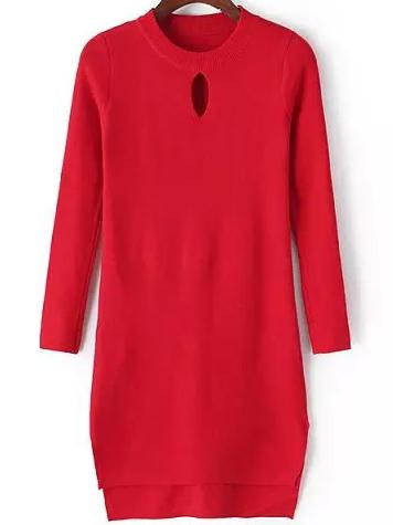 Romwe Dip Hem Keyhole Red Sweater Dress