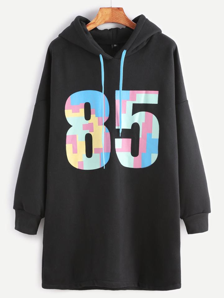 Romwe Black Number Print Drop Shoulder Drawstring Hooded Sweatshirt Dress