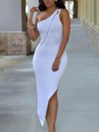 Romwe White One-shoulder Zip Embellished Asymmetric Dress