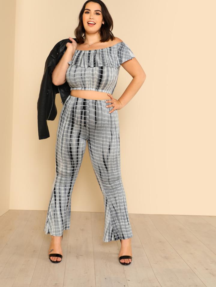 Romwe Tie Dye Flounce Bardot Top & Pants Set