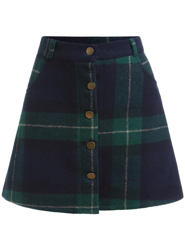 Romwe Green Blue Plaid Buttons Skirt