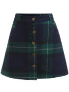 Romwe Green Blue Plaid Buttons Skirt