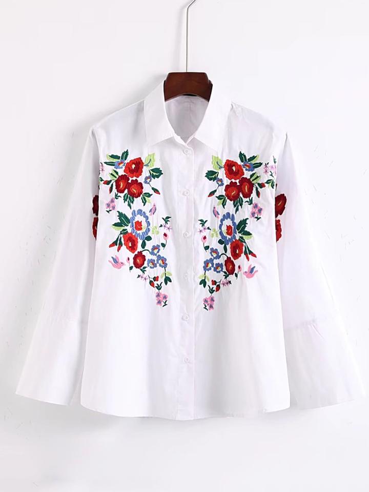 Romwe Flower Embroidery Split Cuff Blouse