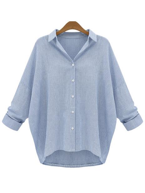 Romwe Lapel Dip Hem Blue Blouse