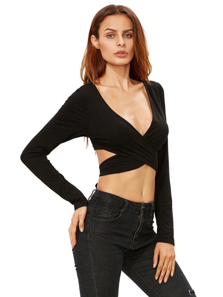 Romwe Black V Neck Crisscross Tie Crop T-shirt