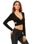 Romwe Black V Neck Crisscross Tie Crop T-shirt