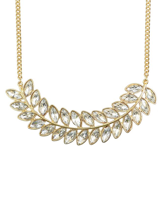 Romwe White Rhinestone Long Leaf Necklace