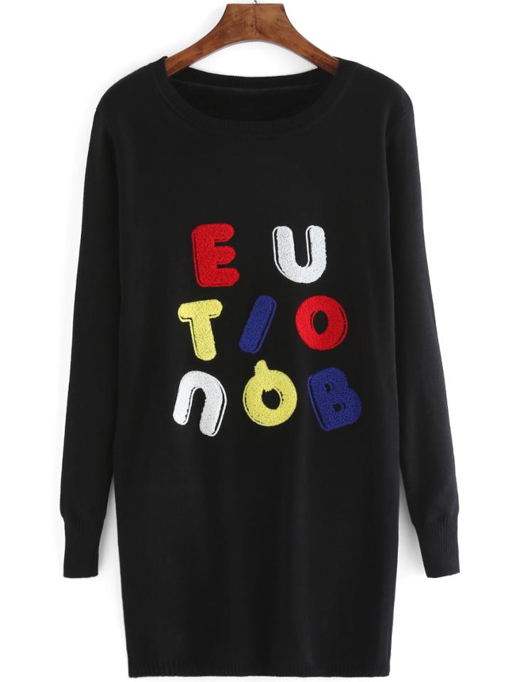 Romwe Letter Flocked Patch Sweater Dress
