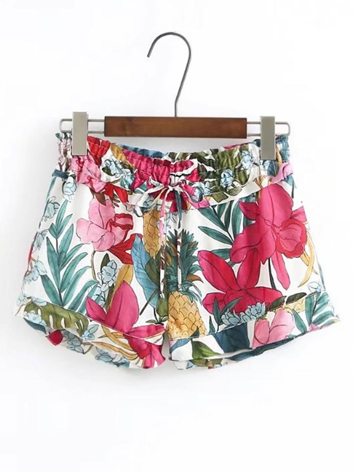 Romwe Drawstring Waist Flower Print Shorts