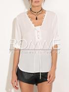 Romwe White Long Sleeve Grommet Lace-up Blouse