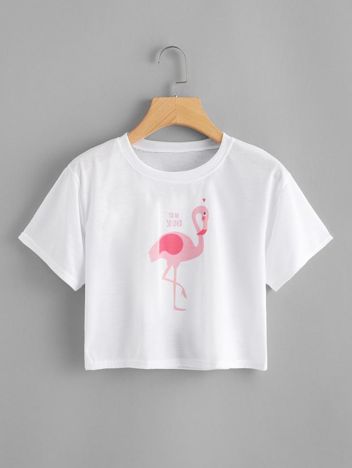 Romwe Flamingos Print Crop Tee