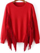 Romwe Long Sleeve Fringe Red Sweater