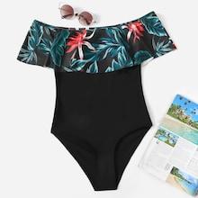 Romwe Random Tropical Flounce Bardot One Piece Swimsuit