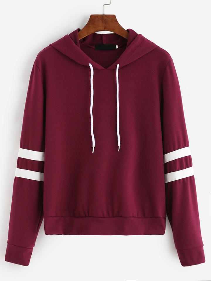 Romwe Burgundy Varsity Striped Drawstring Hooded Sweatshirt