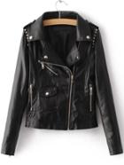 Romwe Black Studded Pu Jacket With Oblique Zipper