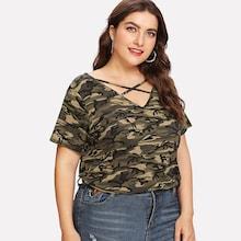 Romwe Plus Criss Cross Camouflage Tee