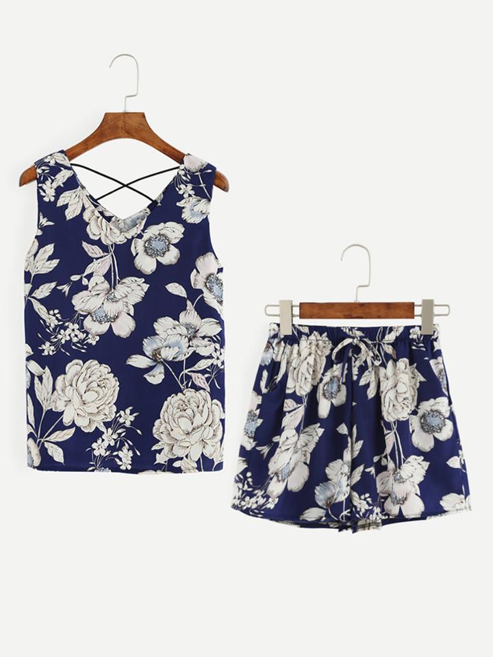 Romwe Blue Flower Print Sleeveless Top With Shorts