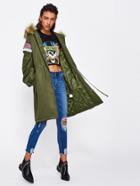 Romwe Faux Fur Hoodie Embroidered Tape Detail Parka Coat