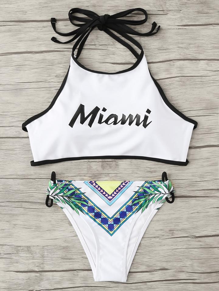 Romwe Letter Print High Neck Bikini Set