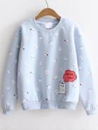 Romwe Blue Cartoon Print Sweatshirt With Embroidery Patch