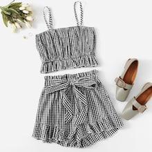Romwe Gingham Ruffle Hem Cami Top With Shorts