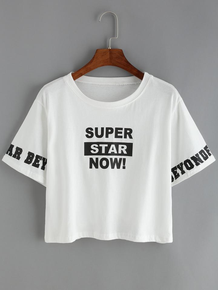 Romwe Letters Print Crop White T-shirt