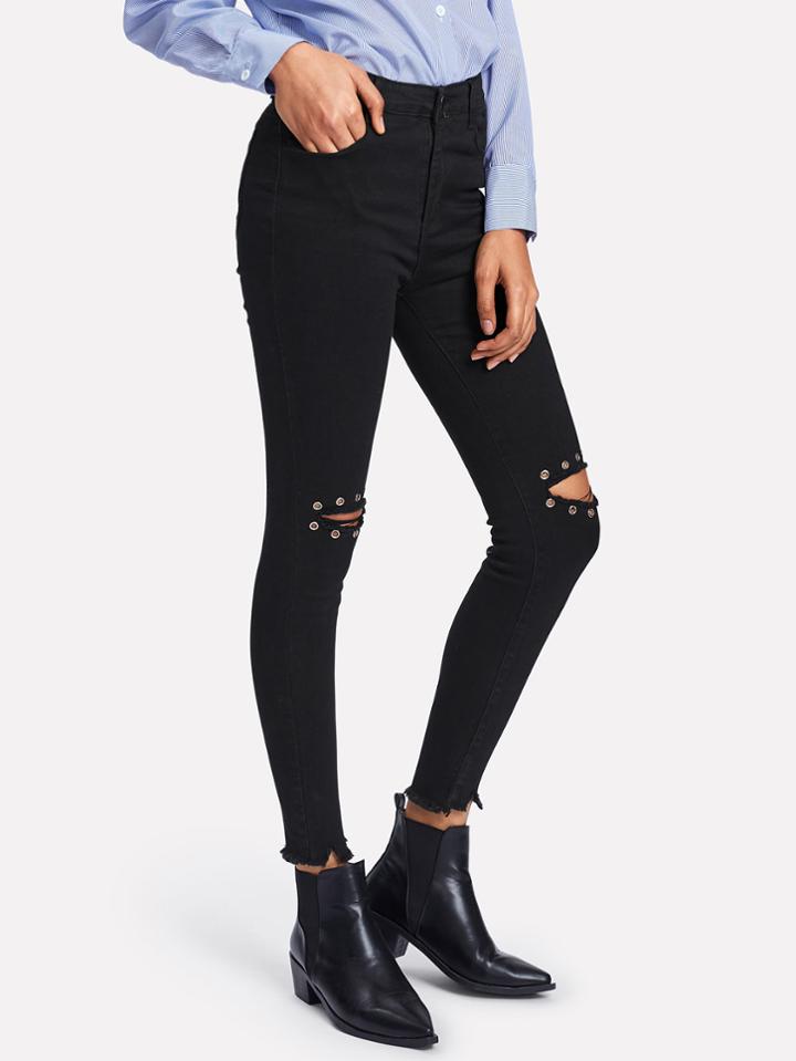 Romwe Raw Hem Knee Ring Decoration Rips Jeans