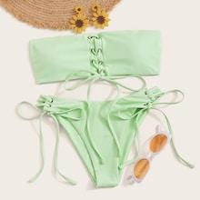 Romwe Lace-up Top With Tie Side Bikini Set