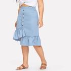 Romwe Plus Ruffle Hem Button Front Denim Skirt