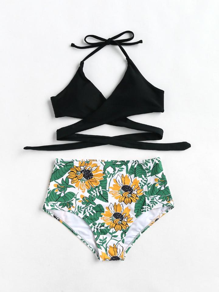Romwe Botanical Print High Rise Wrap Bikini Set