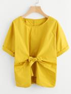 Romwe Bow Tie Front Fold Over Cuffed Blouse