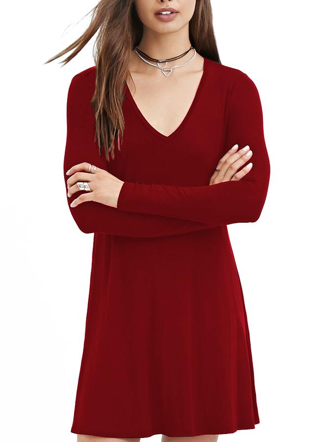 Romwe V Neck Shift Wine Red Dress