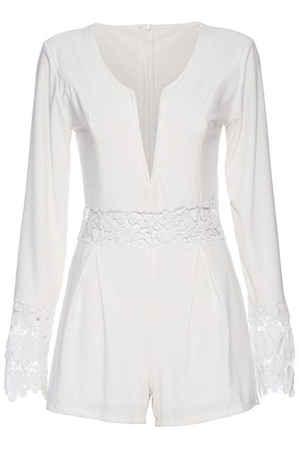 Romwe Hollow Floral White Playsuits