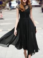 Romwe Black Cap Sleeve Contrast Lace Pleated Midi Dress