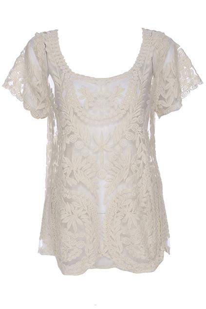 Romwe Hollow-out Lace Crochet Apricot Short-sleeved Blouse