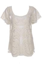 Romwe Hollow-out Lace Crochet Apricot Short-sleeved Blouse